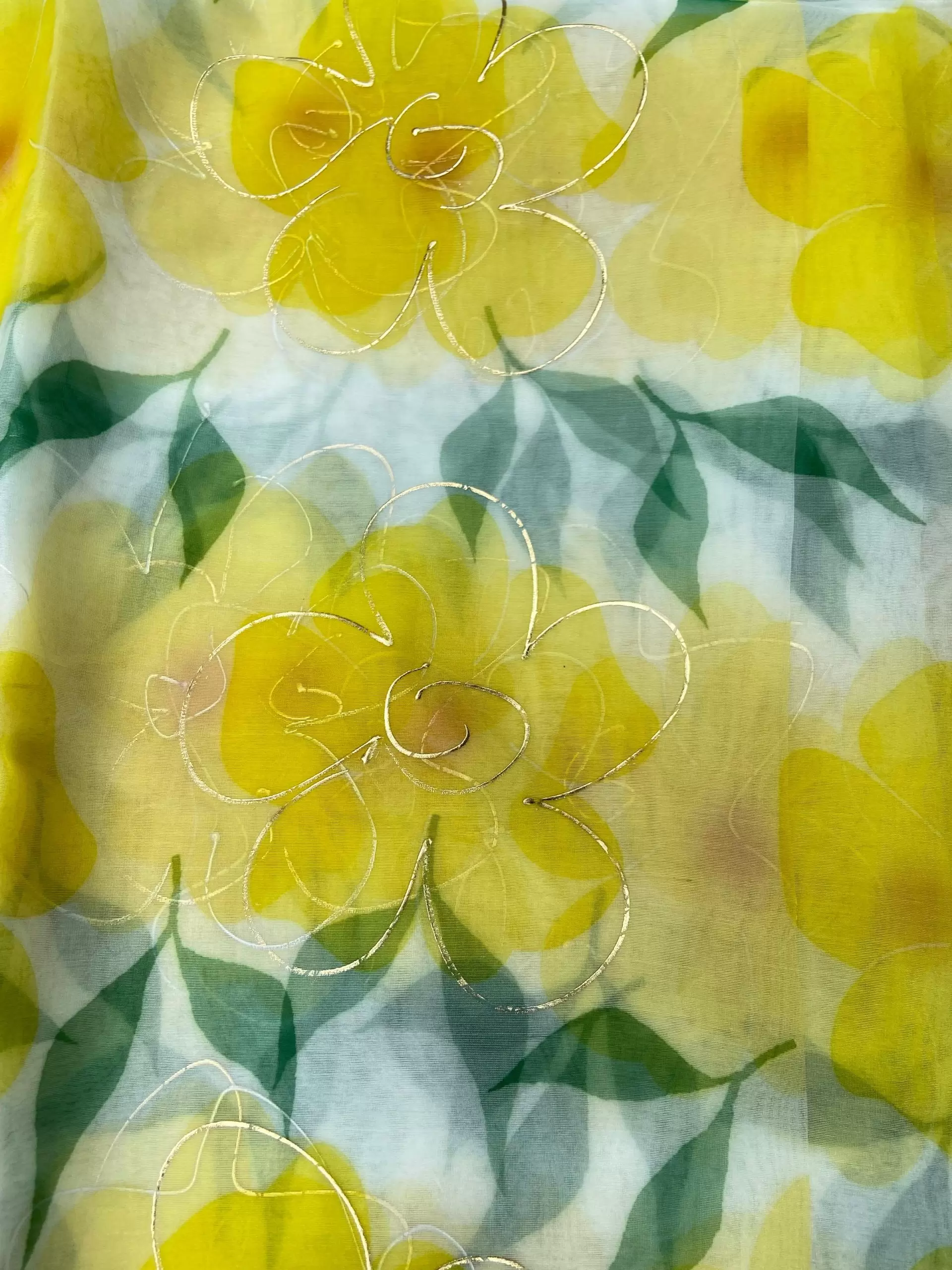 Lemon Yellow floral Print With Gold Foil Detailing On Organza Fabric