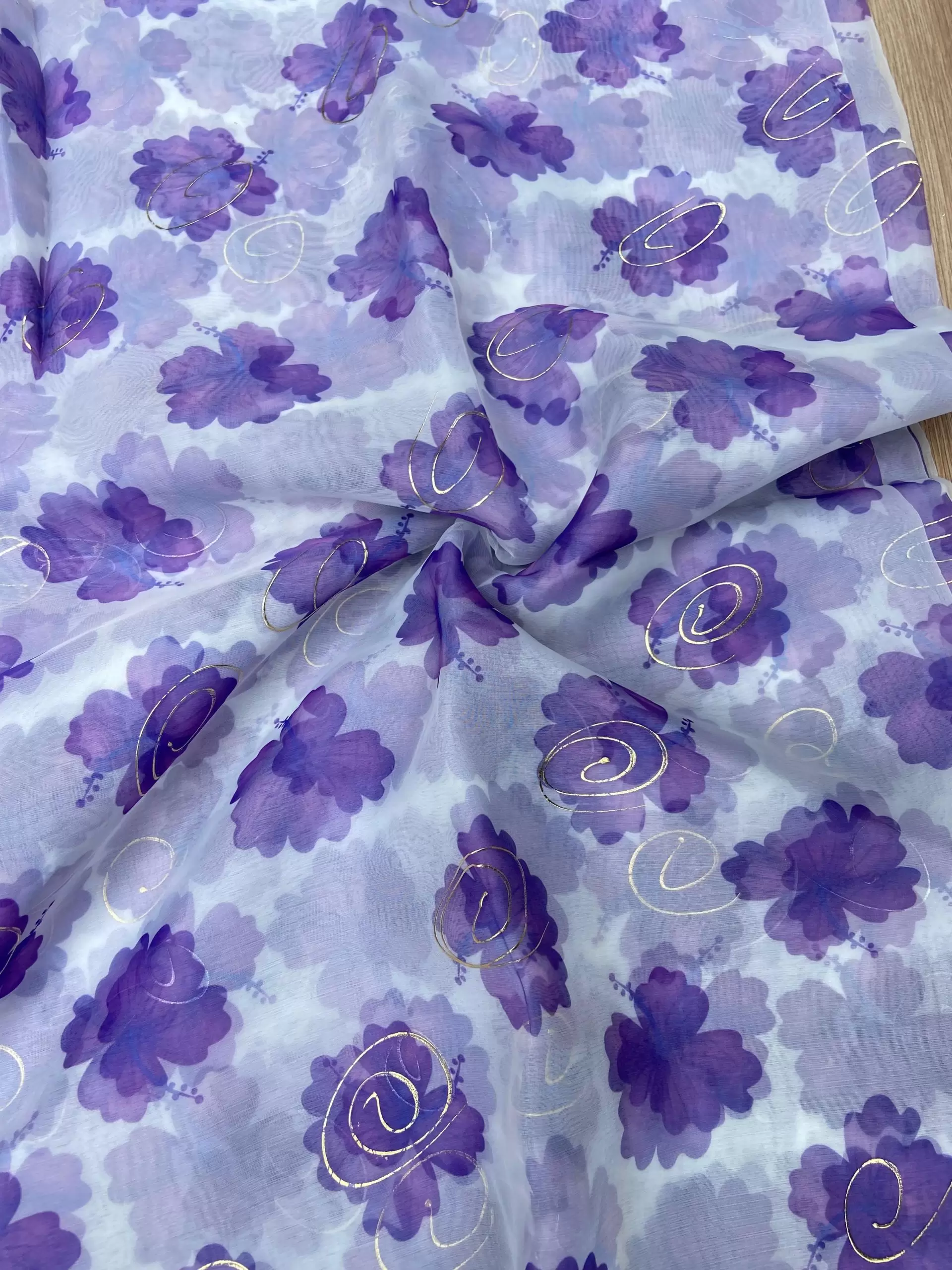 Purple floral Print With Gold Foil Detailing Fabric
