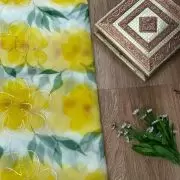 Lemon Yellow floral Print With Gold Foil Detailing On Organza Fabric