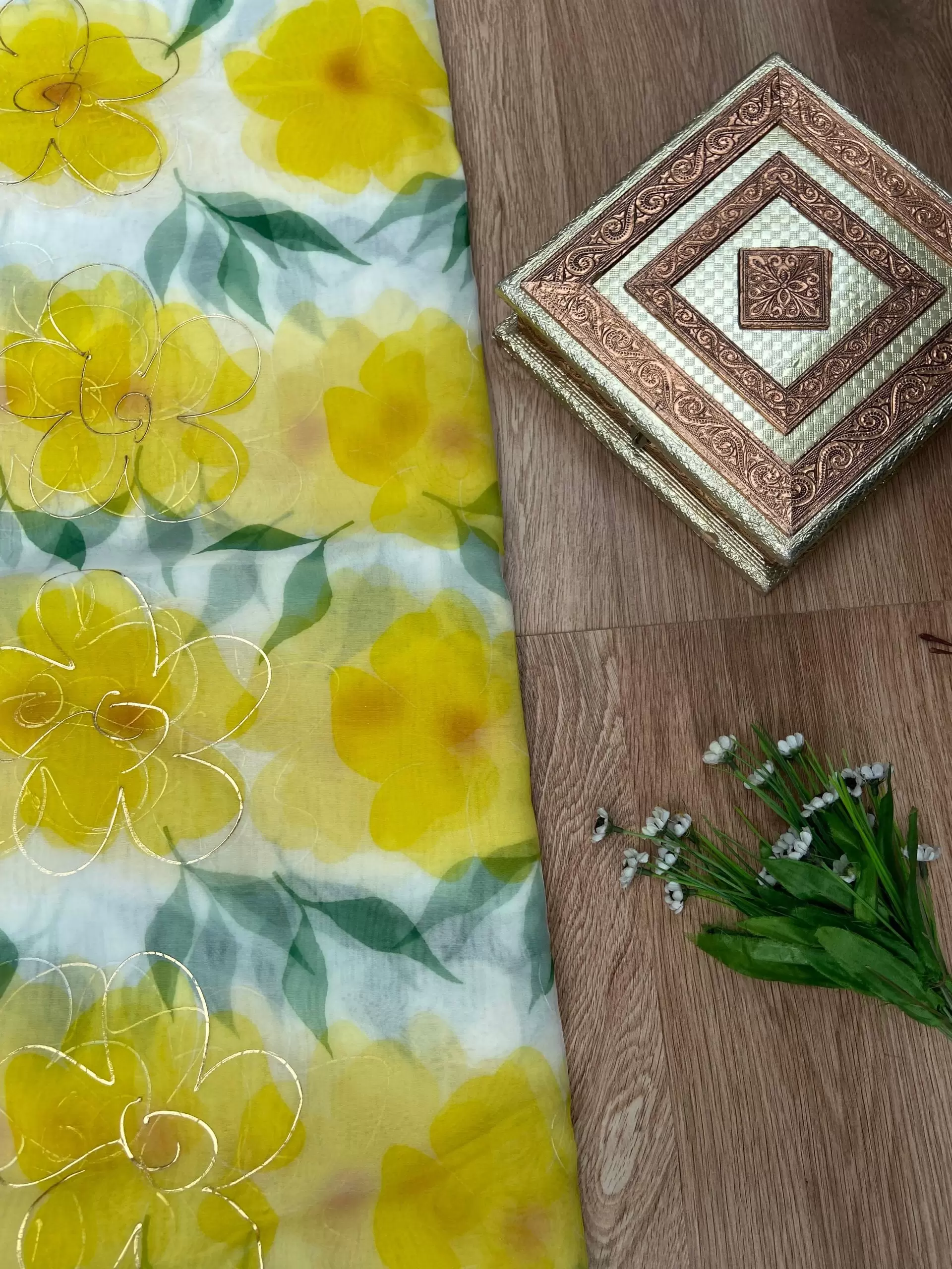 Lemon Yellow floral Print With Gold Foil Detailing On Organza Fabric