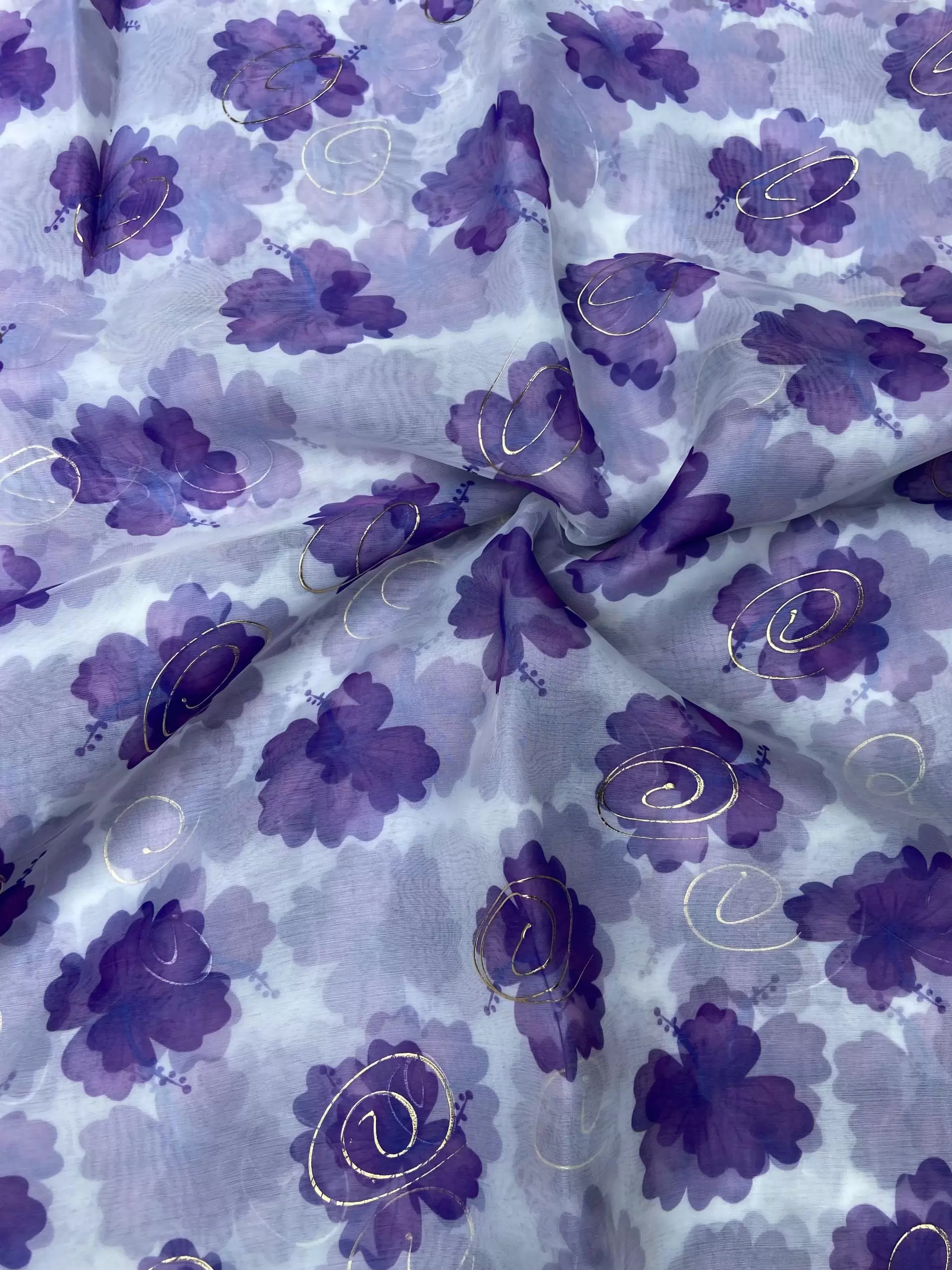 Purple floral Print With Gold Foil Detailing Fabric