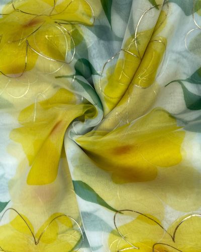 Lemon Yellow floral Print With Gold Foil Detailing On Organza Fabric