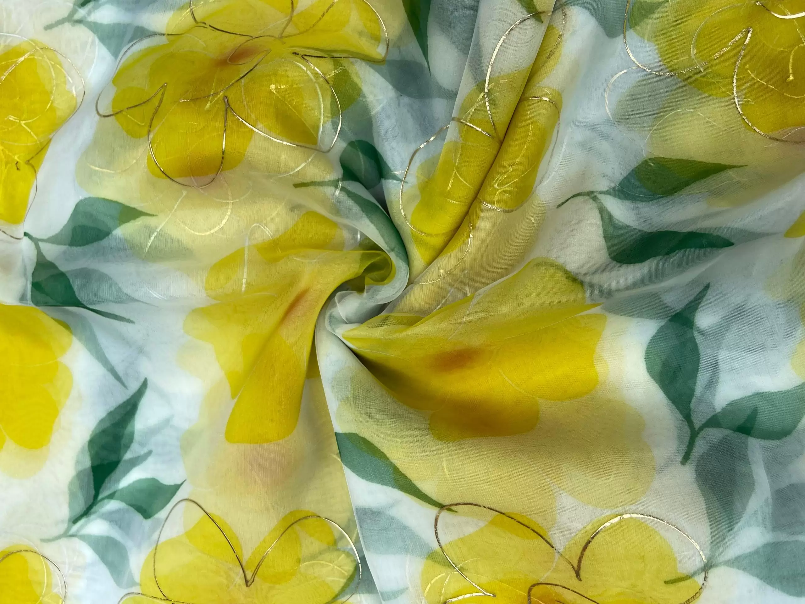 Lemon Yellow floral Print With Gold Foil Detailing On Organza Fabric