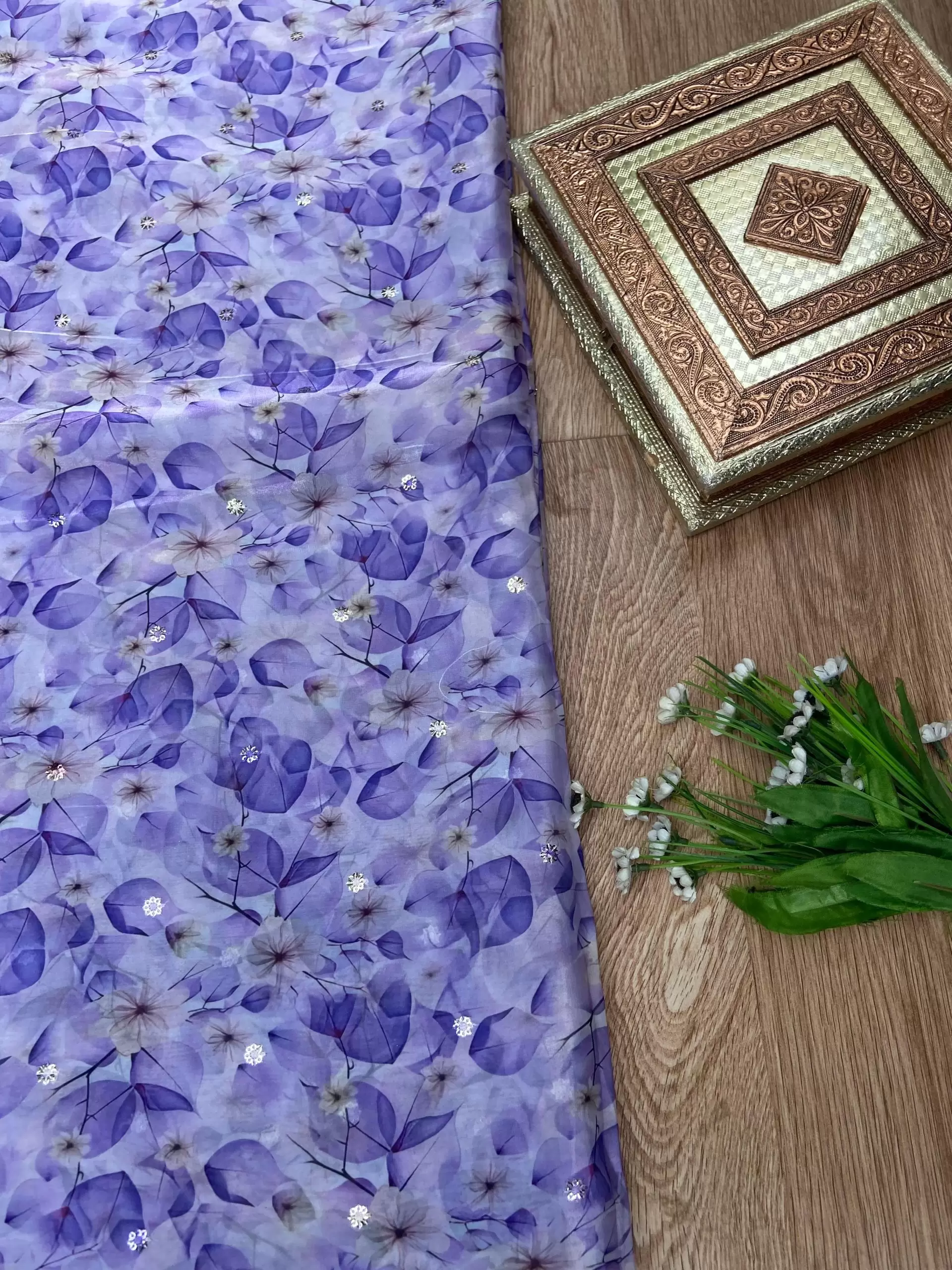 Lavender floral Print With Buti Work On Glass Organza Fabric