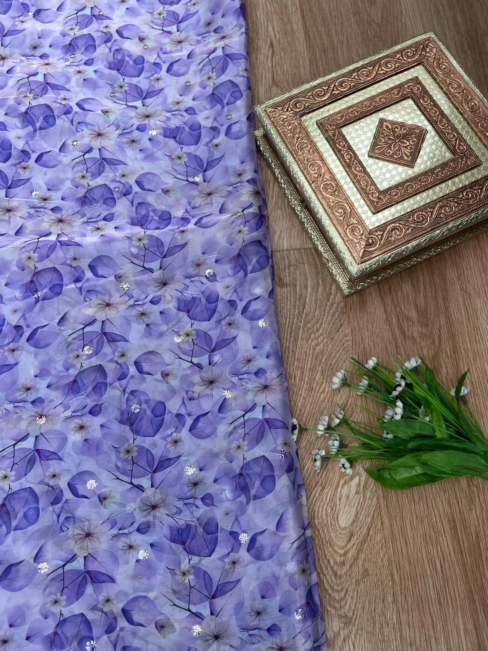 Lavender floral Print With Buti Work On Glass Organza Fabric
