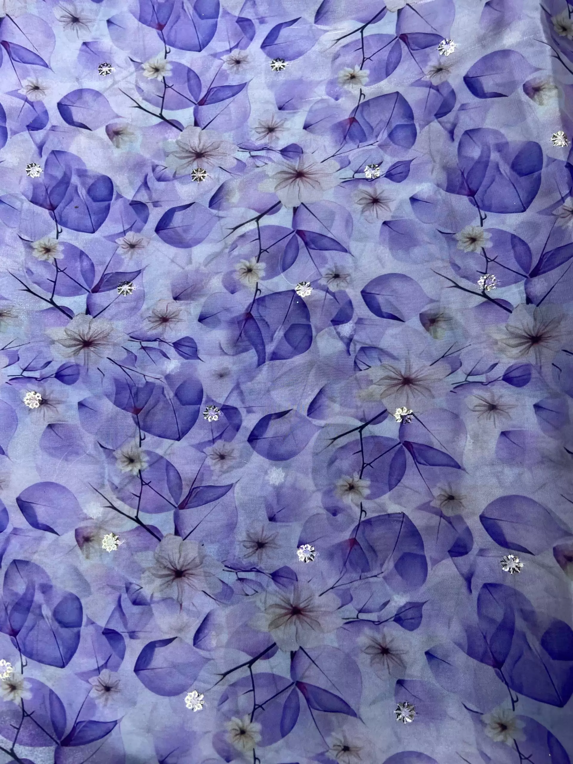 Lavender floral Print With Buti Work On Glass Organza Fabric