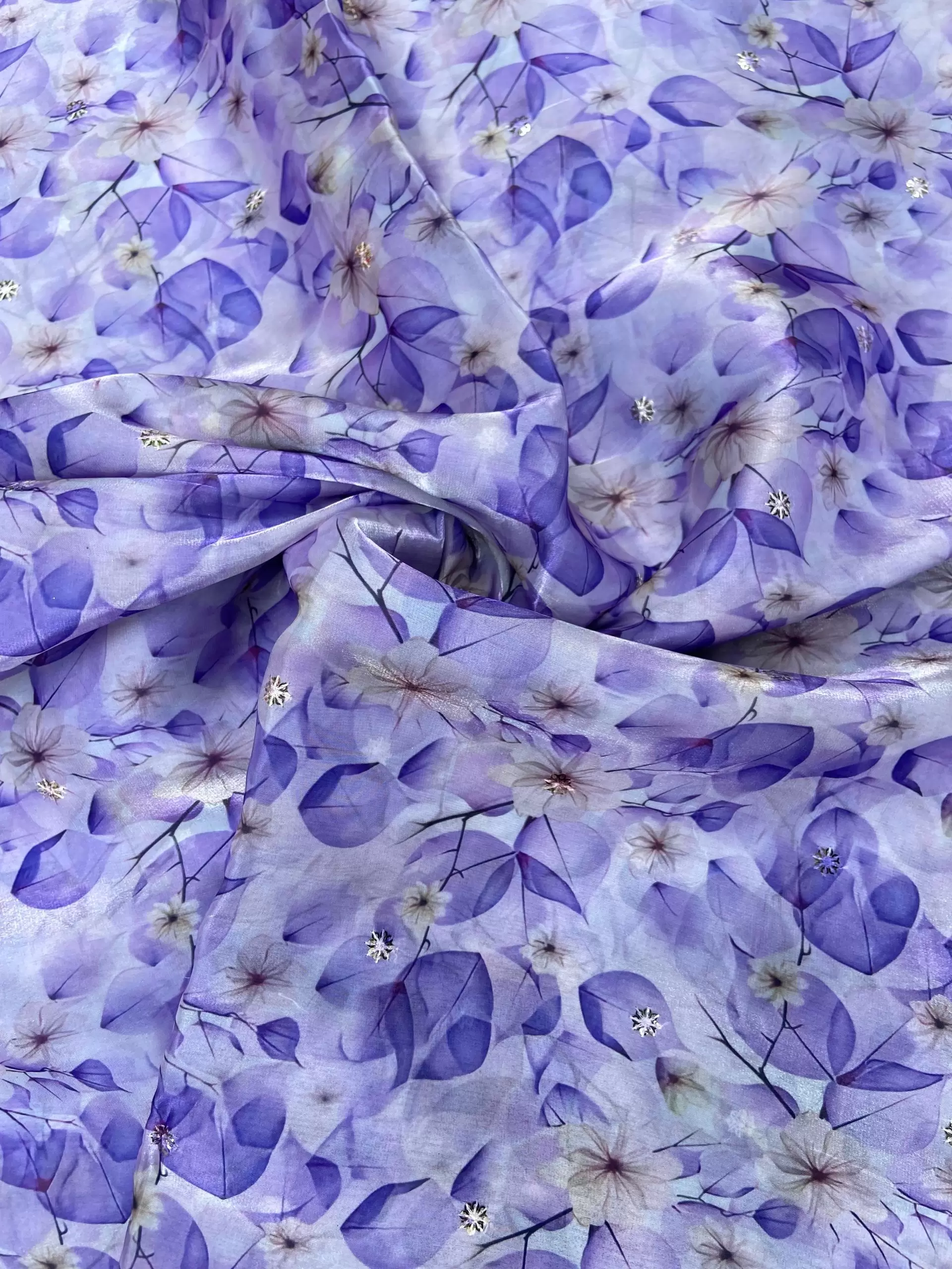 Lavender floral Print With Buti Work On Glass Organza Fabric