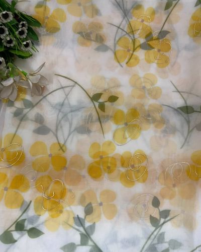 Lemon Yellow floral Print With Gold Foil Detailing On White Organza Fabric
