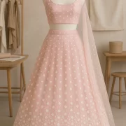 White floral thread and sequin on peach pink big width net fabric