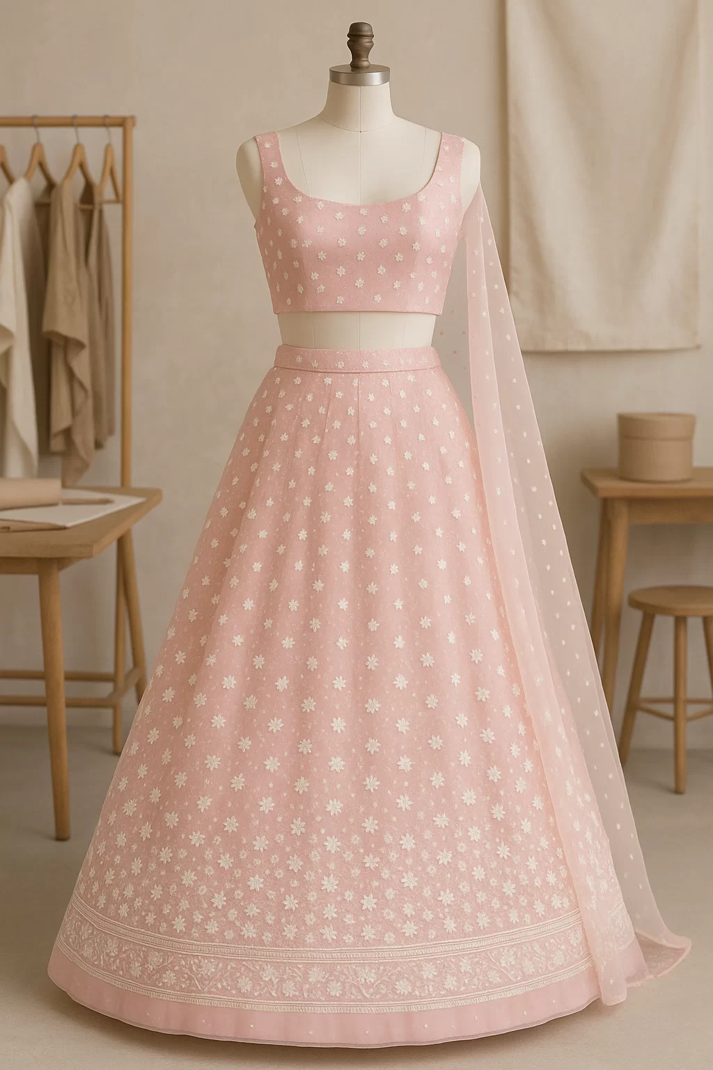 White floral thread and sequin on peach pink big width net fabric