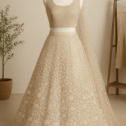 Peach lehenga style with heavy thread and sequin embroidery net fabric