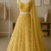 White floral thread and sequin on lemon yellow big width net fabric