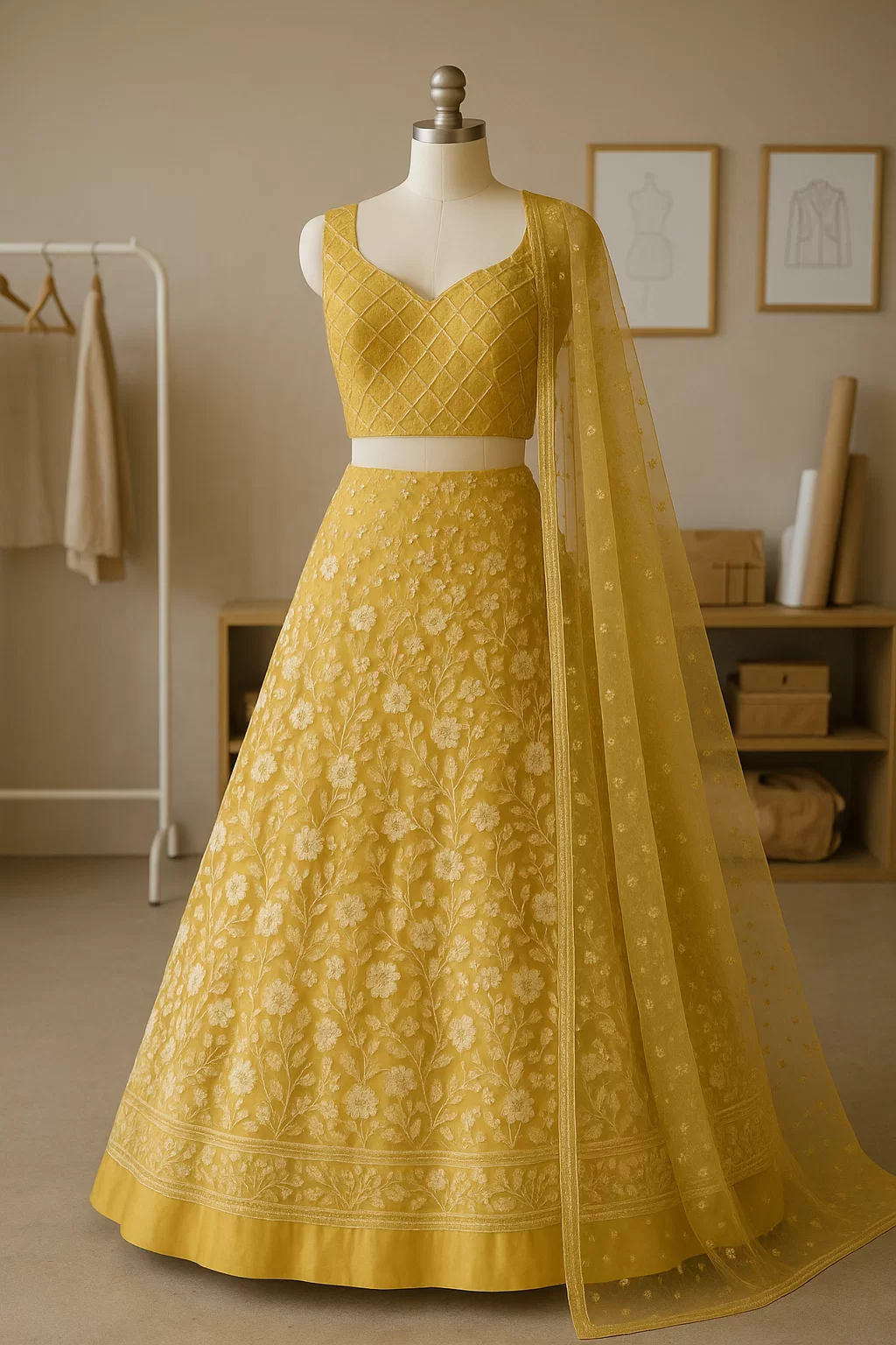 White floral thread and sequin on lemon yellow big width net fabric