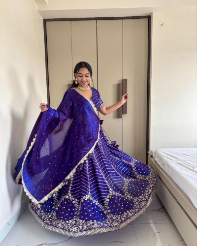Blue lehenga style with heavy daman style organza satin fabric