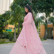Baby pink lehenga style with white thread embroidery on georgette fabric