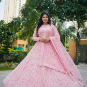 Baby pink lehenga style with white thread embroidery on georgette fabric
