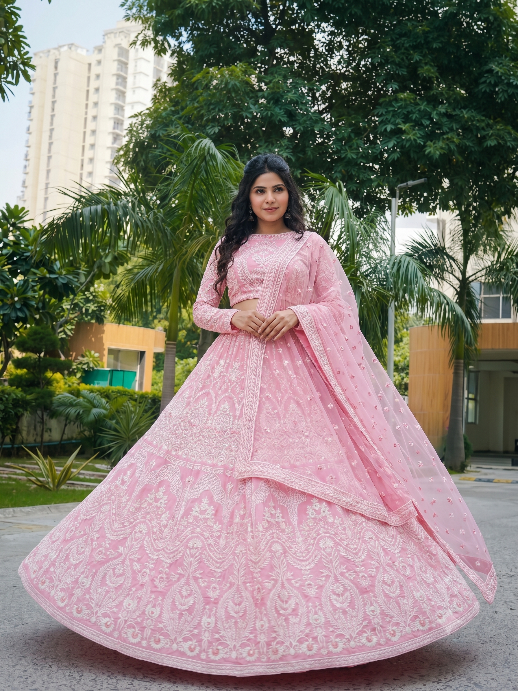 Baby pink lehenga style with white thread embroidery on georgette fabric