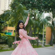 Baby pink lehenga style with white thread embroidery on georgette fabric