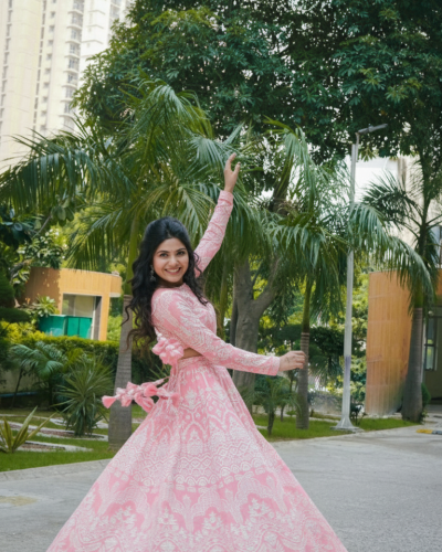 Baby pink lehenga style with white thread embroidery on georgette fabric