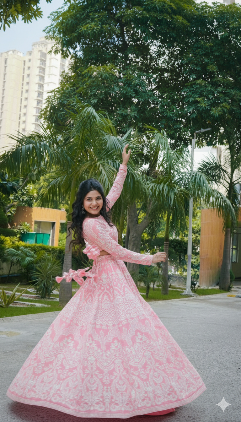 Baby pink lehenga style with white thread embroidery on georgette fabric