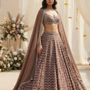 Brown Lehenga Style with Hand Embroidery Zig Zag Pattern in Chinon Fabric