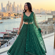 Bottle Green Lehenga Style With Hand Nalki Embroidery On Imported Net fabric