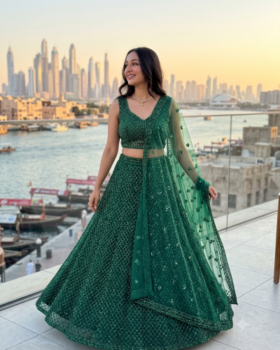 Bottle Green Lehenga Style With Hand Nalki Embroidery On Imported Net fabric