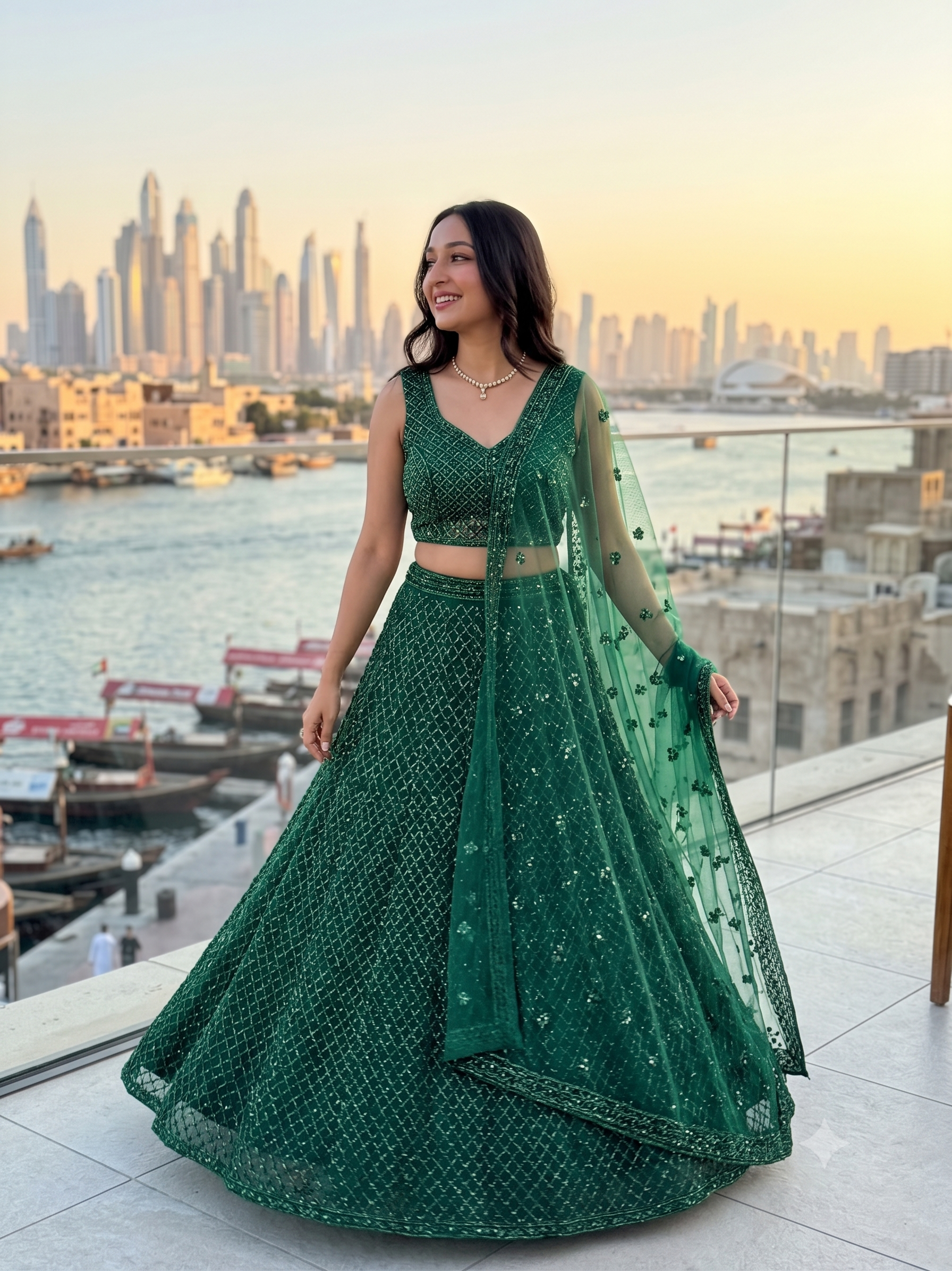 Bottle Green Lehenga Style With Hand Nalki Embroidery On Imported Net fabric