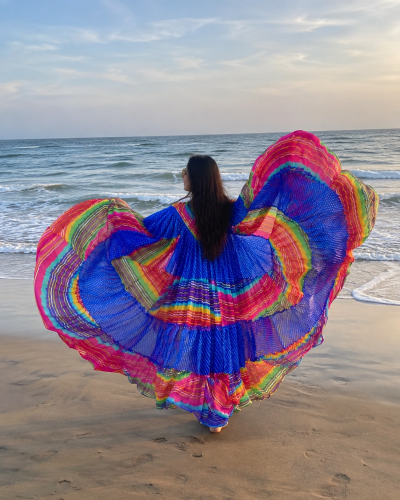 Boho Rainbow Flare Shrug –6m Silver Chiffon Cape for Vacations & Festivals