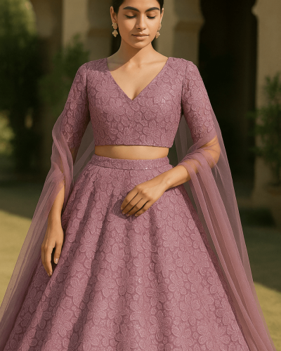Lavender Purple Lehenga Style with Floral Thread & Sequin Embroidery Net Fabric