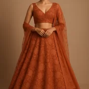 Floral Thread & Sequin Embroidery on Orange Wide Net Fabric