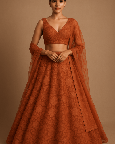 Orange lehenga style with Floral Thread & Sequin Embroidery Net Fabric