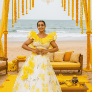 Lemon Yellow floral Print and Gold Foil Detailing Lehenga Set Without Dupatta