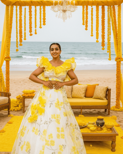 Lemon Yellow floral Print and Gold Foil Detailing Lehenga Set Without Dupatta