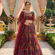 Multicolour lehenga style with tie & dye shibori printed and gold foil embroidery on organza fabric