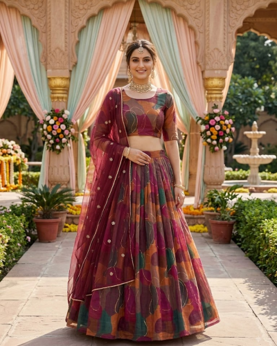 Multicolour lehenga style with tie & dye shibori printed and gold foil embroidery on organza fabric
