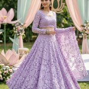 Lavender Purple Lehenga Style with Floral Thread & Sequin Embroidery Net Fabric