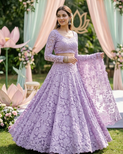 Lavender Purple Lehenga Style with Floral Thread & Sequin Embroidery Net Fabric