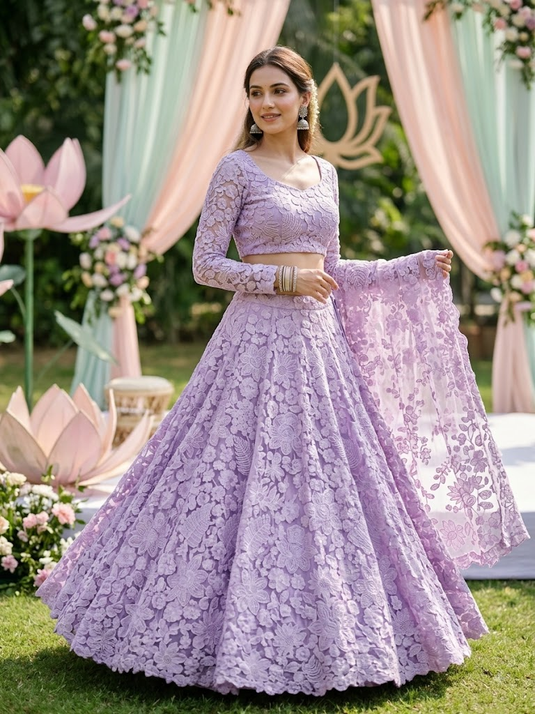Lavender Purple Lehenga Style with Floral Thread & Sequin Embroidery Net Fabric