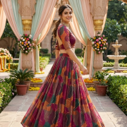 Multicolour lehenga style with tie & dye shibori printed and gold foil embroidery on organza fabric