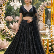 Black Lehenga Style Imported Lycra Thread & Sequin Embroidery on Black Fabric