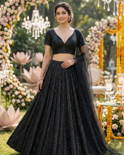 Black Lehenga Style Imported Lycra Thread & Sequin Embroidery on Black Fabric