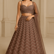 Brown Lehenga Style with Hand Embroidery Zig Zag Pattern – Chinon Fabric