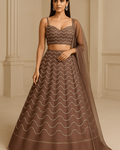 Brown Lehenga Style with Hand Embroidery Zig Zag Pattern – Chinon Fabric
