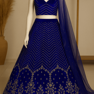 Blue lehenga style with heavy daman style organza satin fabric