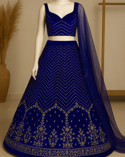 Blue lehenga style with heavy daman style organza satin fabric