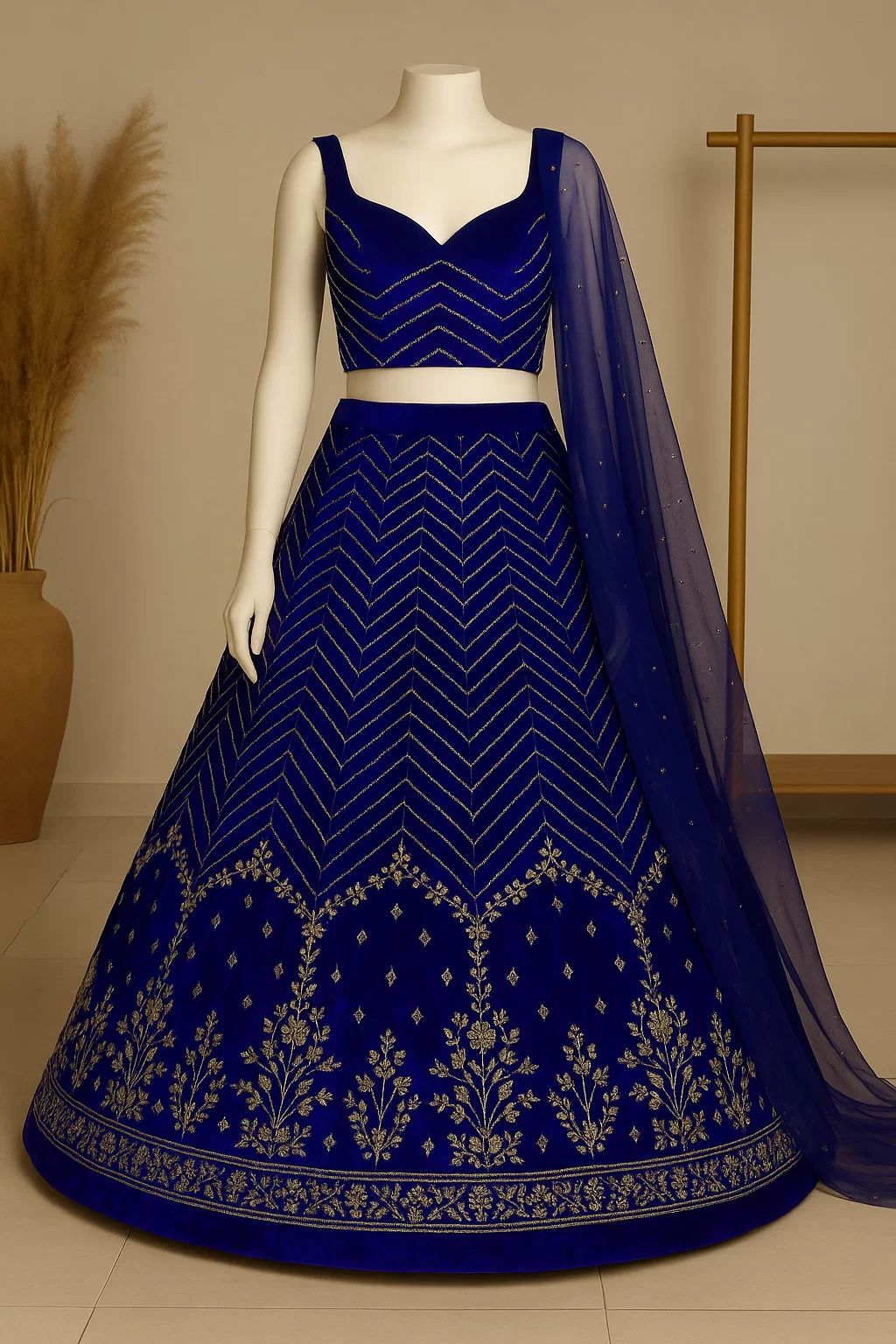 Blue lehenga style with heavy daman style organza satin fabric