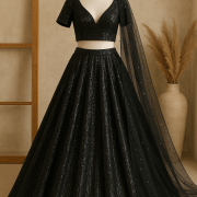 Black Lehenga Style Imported Lycra Thread & Sequin Embroidery on Black Fabric