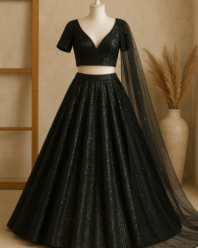 Black Lehenga Style Imported Lycra Thread & Sequin Embroidery on Black Fabric