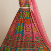 Light Pink Lehenga Style with Multicolour Position Print – Pure Crepe Fabric